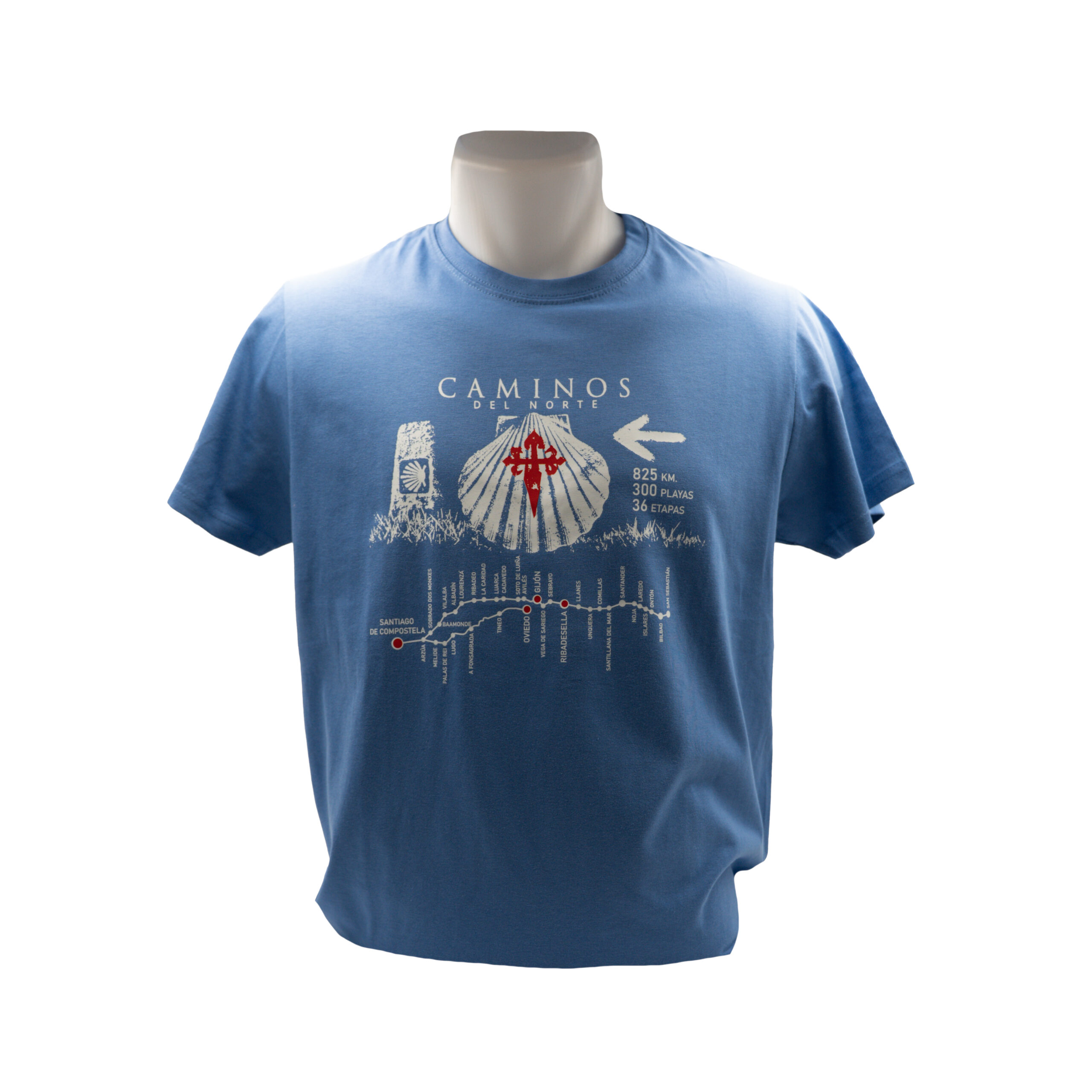 Camiseta azul para Camino de Santiago diseño Caminos del Norte vista frontal | Asturias Encantada