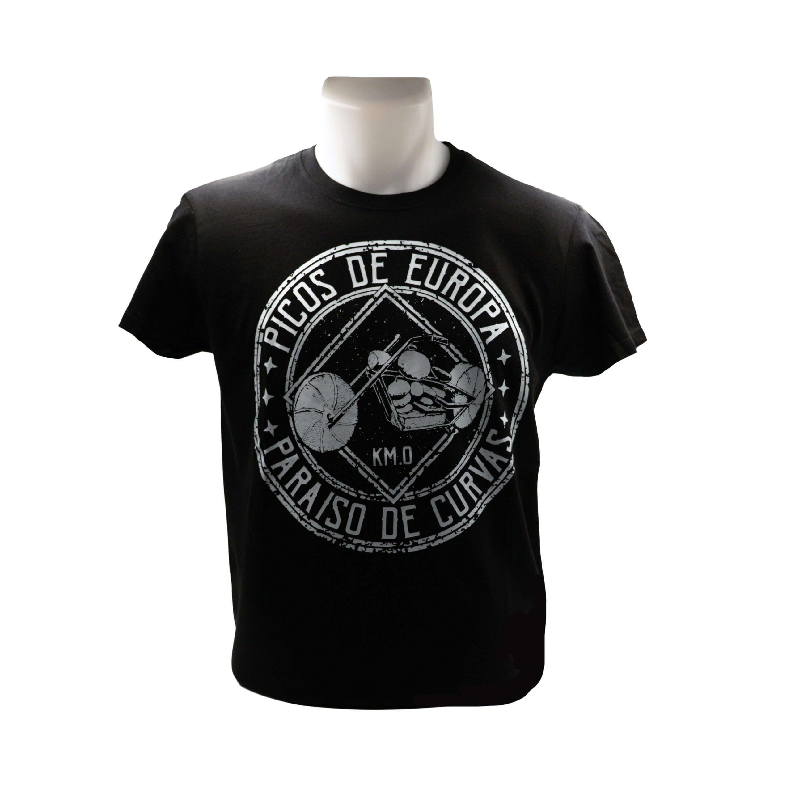 Camiseta negra Moto Piedra de Cangas vista frontal | Asturias Encantada
